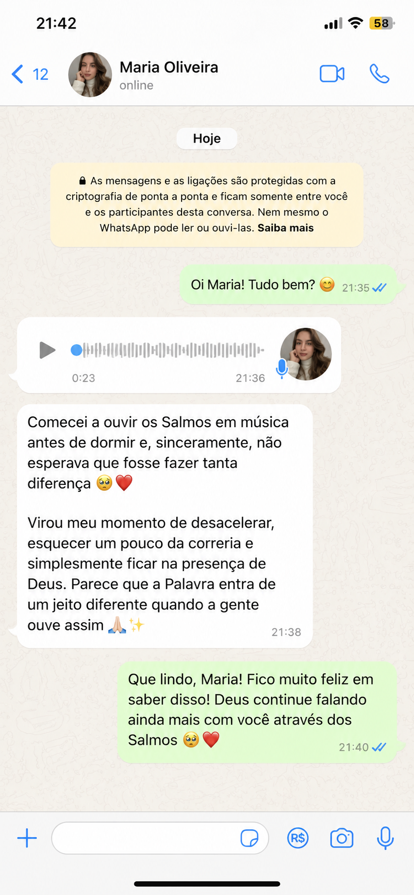 Conversa no WhatsApp com Maria sobre os Salmos em música