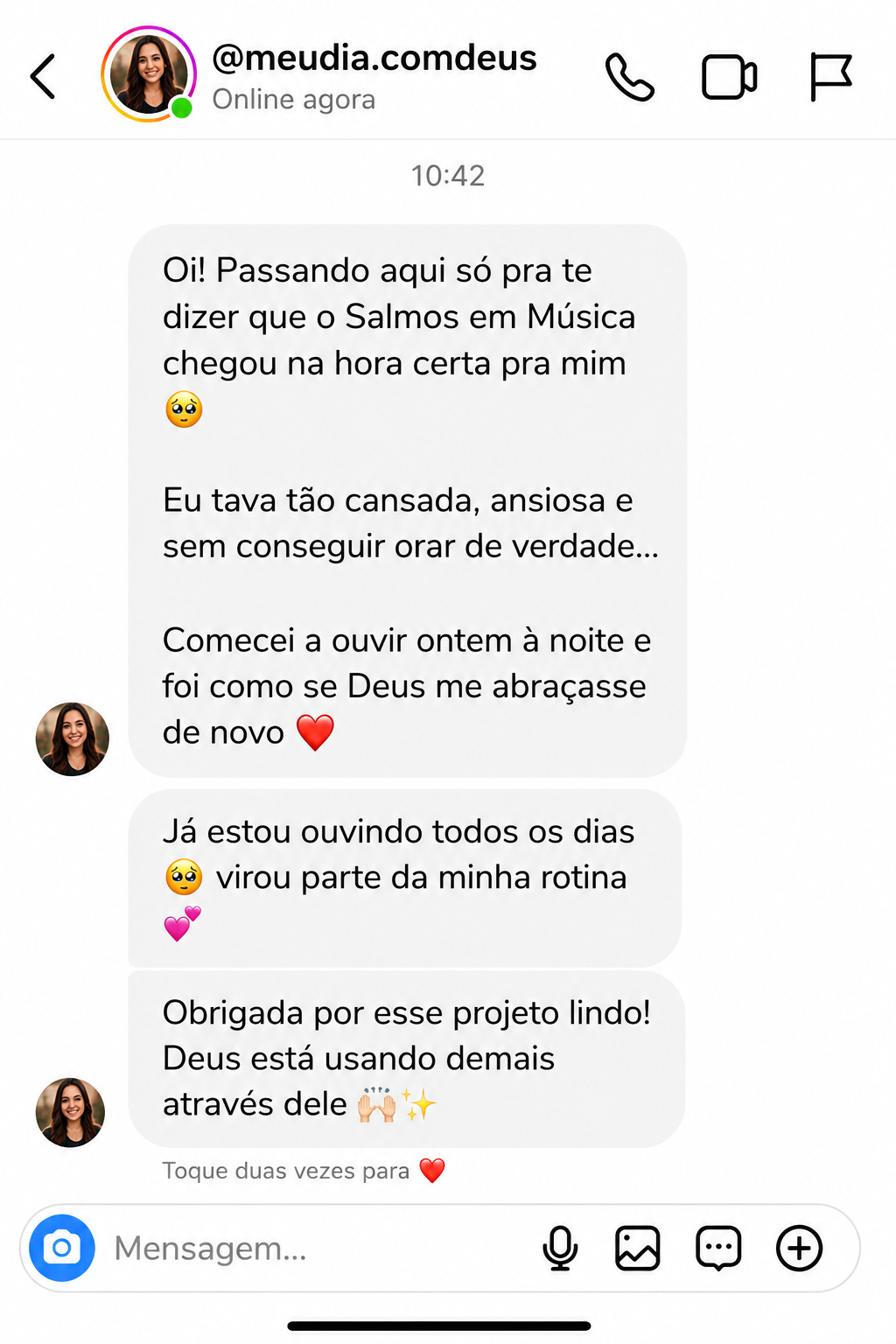 Mensagem no direct agradecendo pelo Salmos em Música