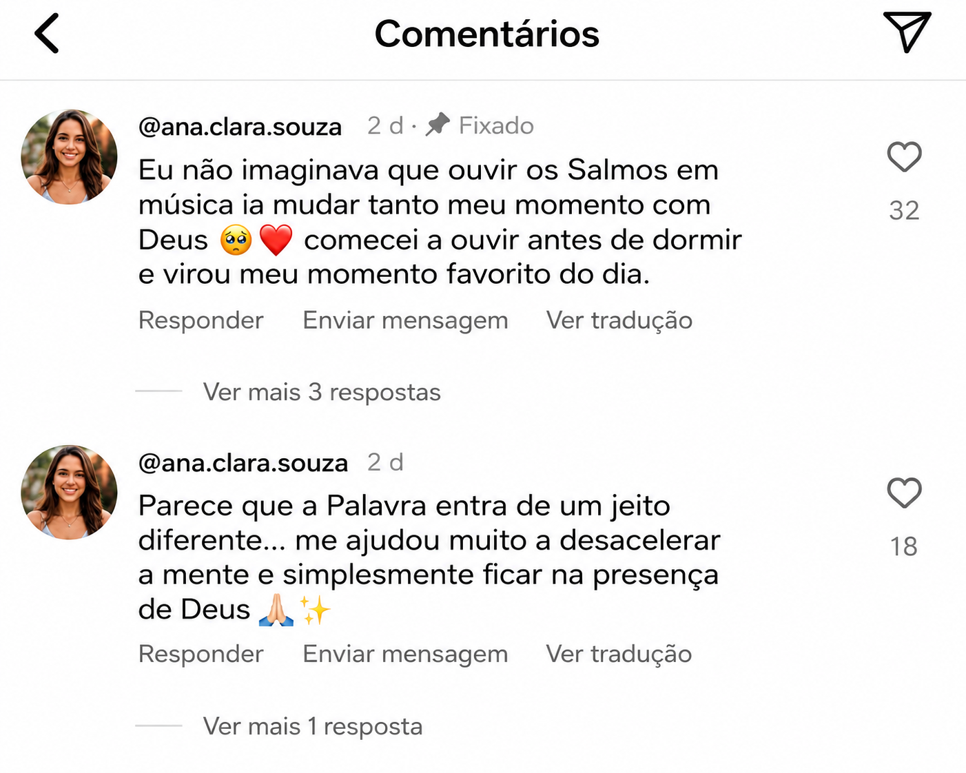 Comentários de Ana Clara sobre ouvir os Salmos antes de dormir