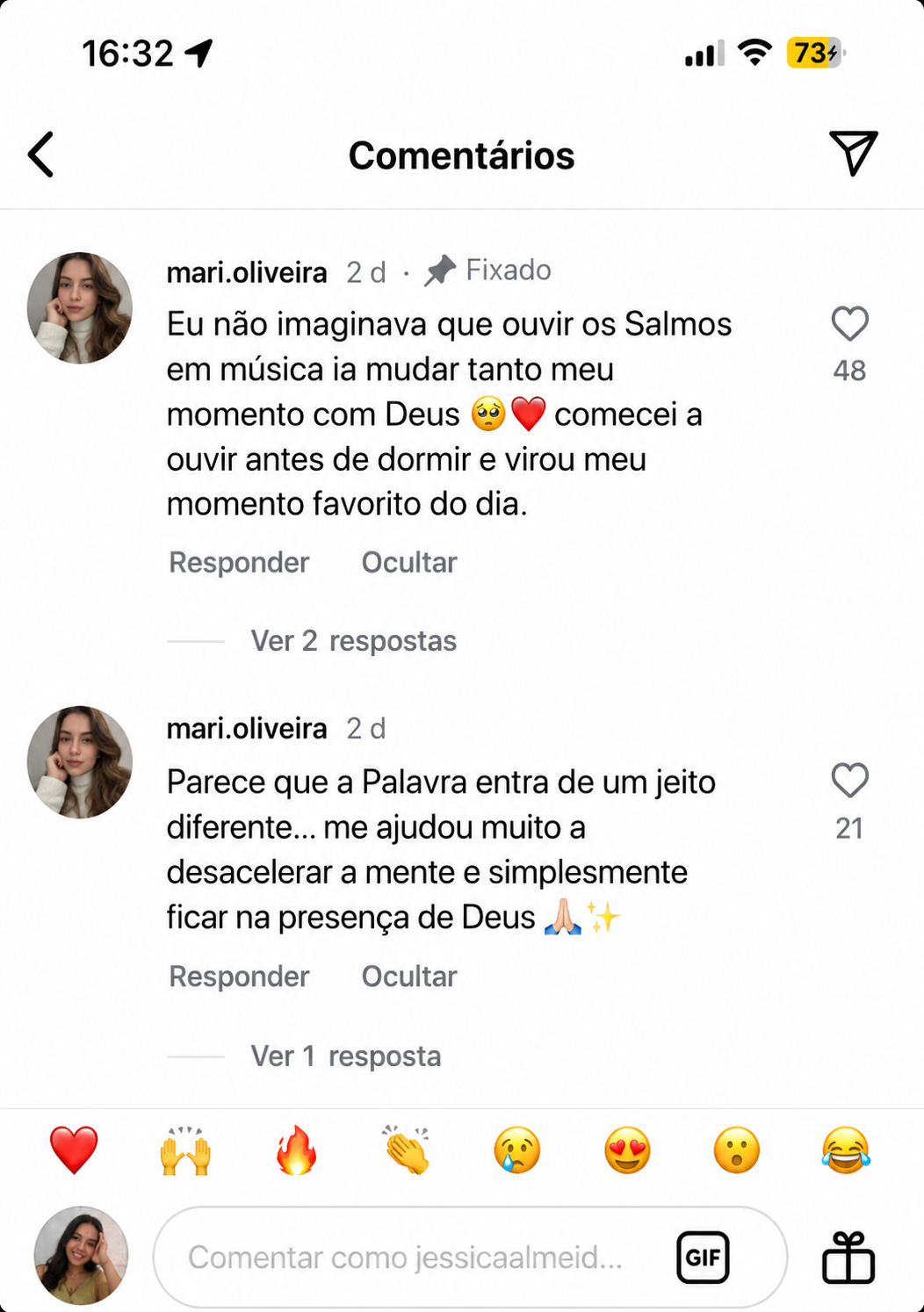 Comentários fixados elogiando os Salmos em música