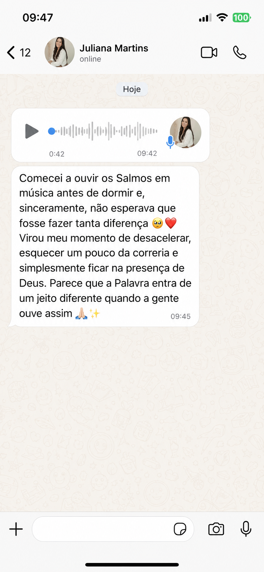 Conversa no WhatsApp com Juliana sobre os Salmos em música