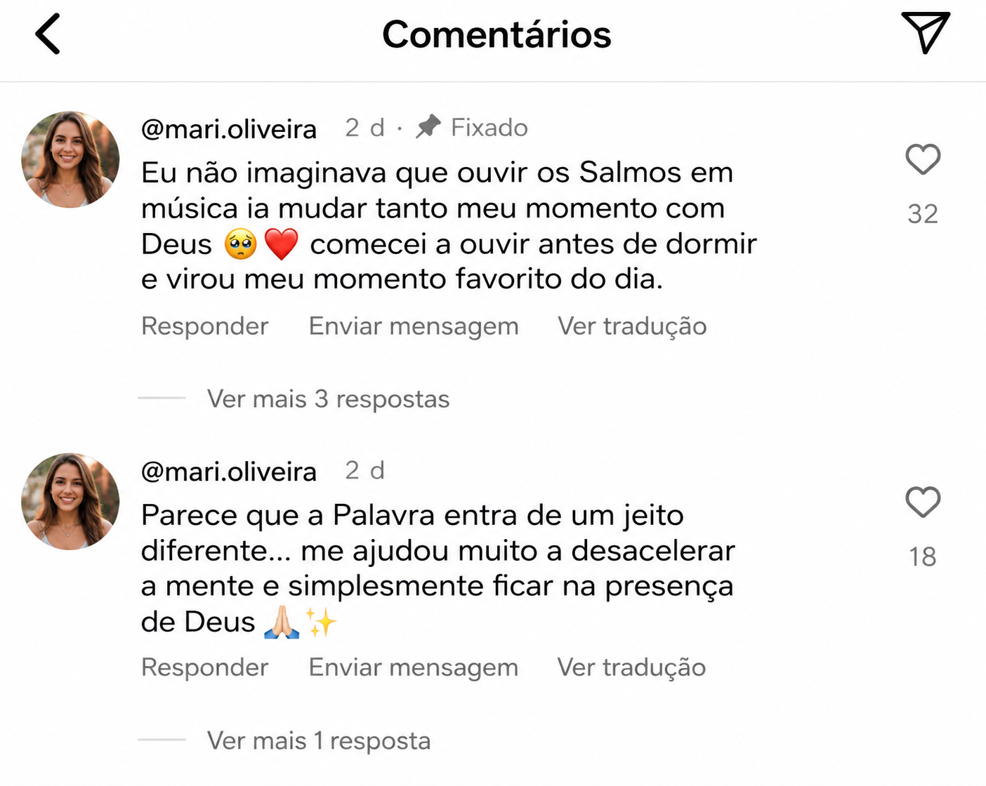 Comentários no Instagram sobre ouvir os Salmos antes de dormir
